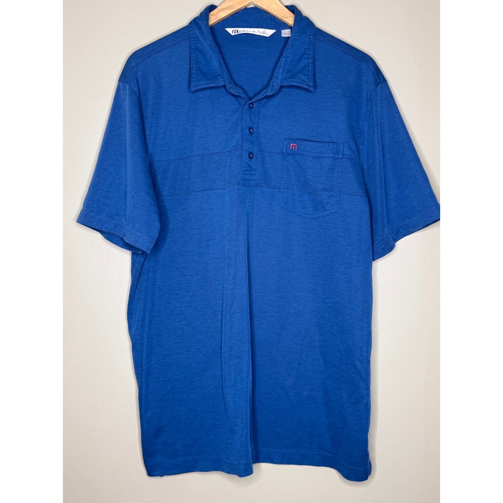 TravisMathew Mens Blue Textured Wave Chest Pocket Polo Shirt XL Pima Cotton